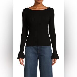 Theory Ribbed Black Boatneck Sweater Bell Sleeves Stretch Knit Medium Clean Girl